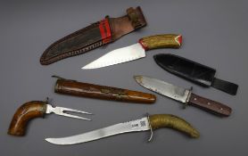 Hunting type knife, 18cm blade with antler handle in leather sheath, similar knife,