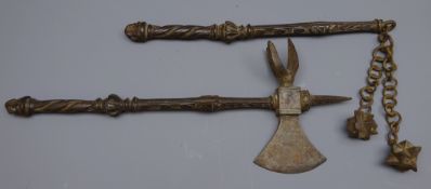 Medieval style cast iron Flail, part wrythen shaft with two spiked balls,