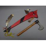 Hand forged Throwing hawk with wooden shaft, L38cm and a Native American style gunstock club,