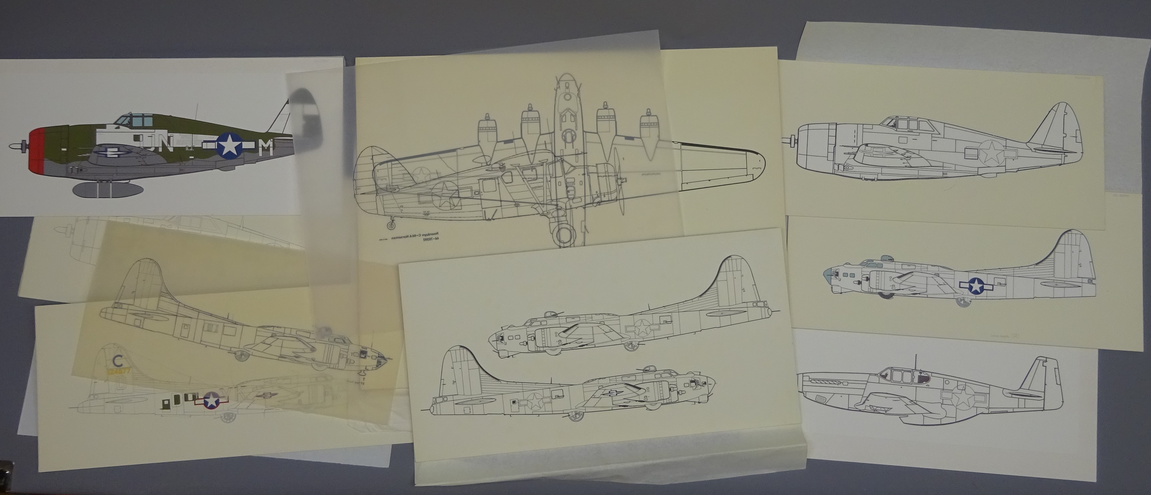 Nine original drawings of American WW2 aircraft produced to illustrate a book on the US Eighth Air
