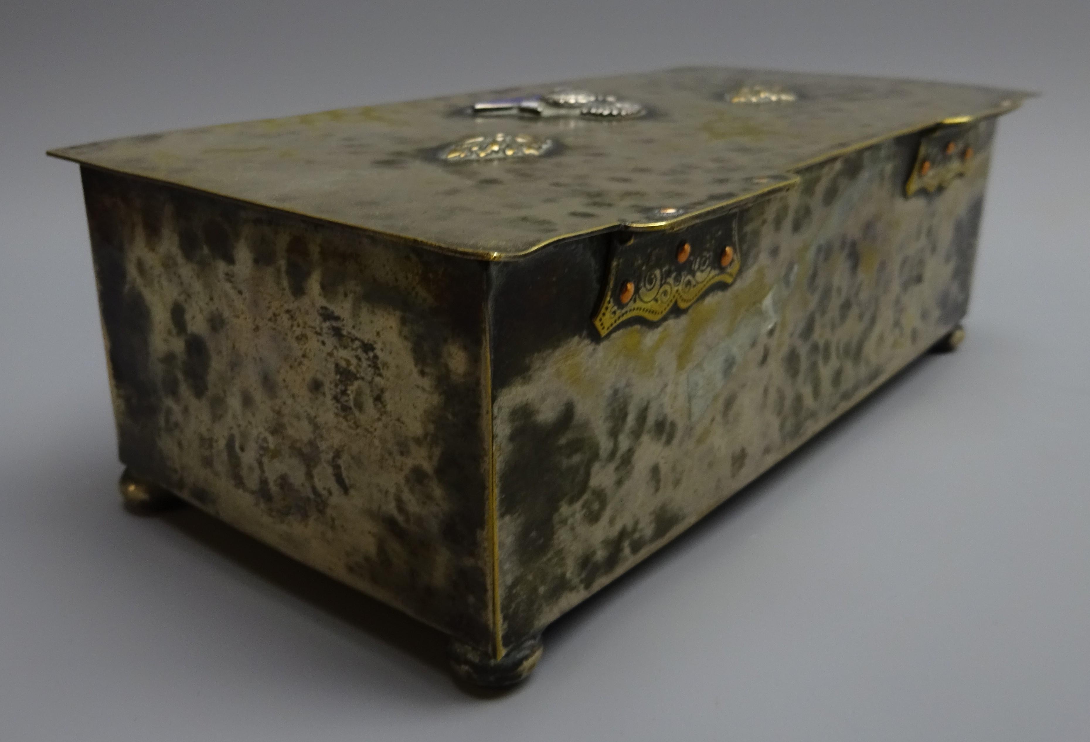 Lancashire Fusiliers table cigarette box, hammered silvered body with wood lined interior, - Image 6 of 7
