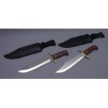 Two large Bowie type knives, 25cm blades with brass guards and wooden slab handles, L38cm,