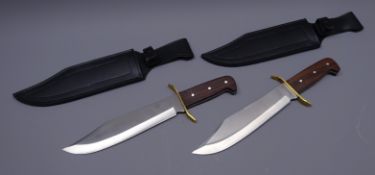 Two large Bowie type knives, 25cm blades with brass guards and wooden slab handles, L38cm,