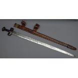 North African Taureg Takouba sword, 83cm twin edge part triple fullered blade with crescent stamps,