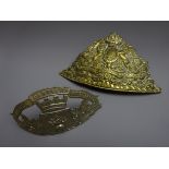 Victorian 16th (Queen's) Lancers OR's brass lance cap plate and French brass fireman's helmet plate