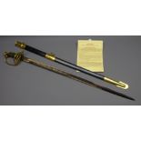 Replica Confederate HF Shelby Officer's dress sword, 85cm blade engraved CSA,