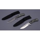 Two Bushcraft knives, 12cm Sheffield Steel blades with green stained shaped wooden handles,