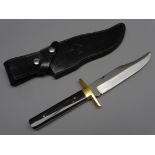 Small I.XL Bowie knife, 15cm stamped blade with top hat guard and horn slab handle, L26.