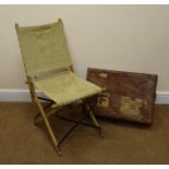 WW2 wooden and metal framed folding chair with canvas seat and back, seat stencilled ENW,