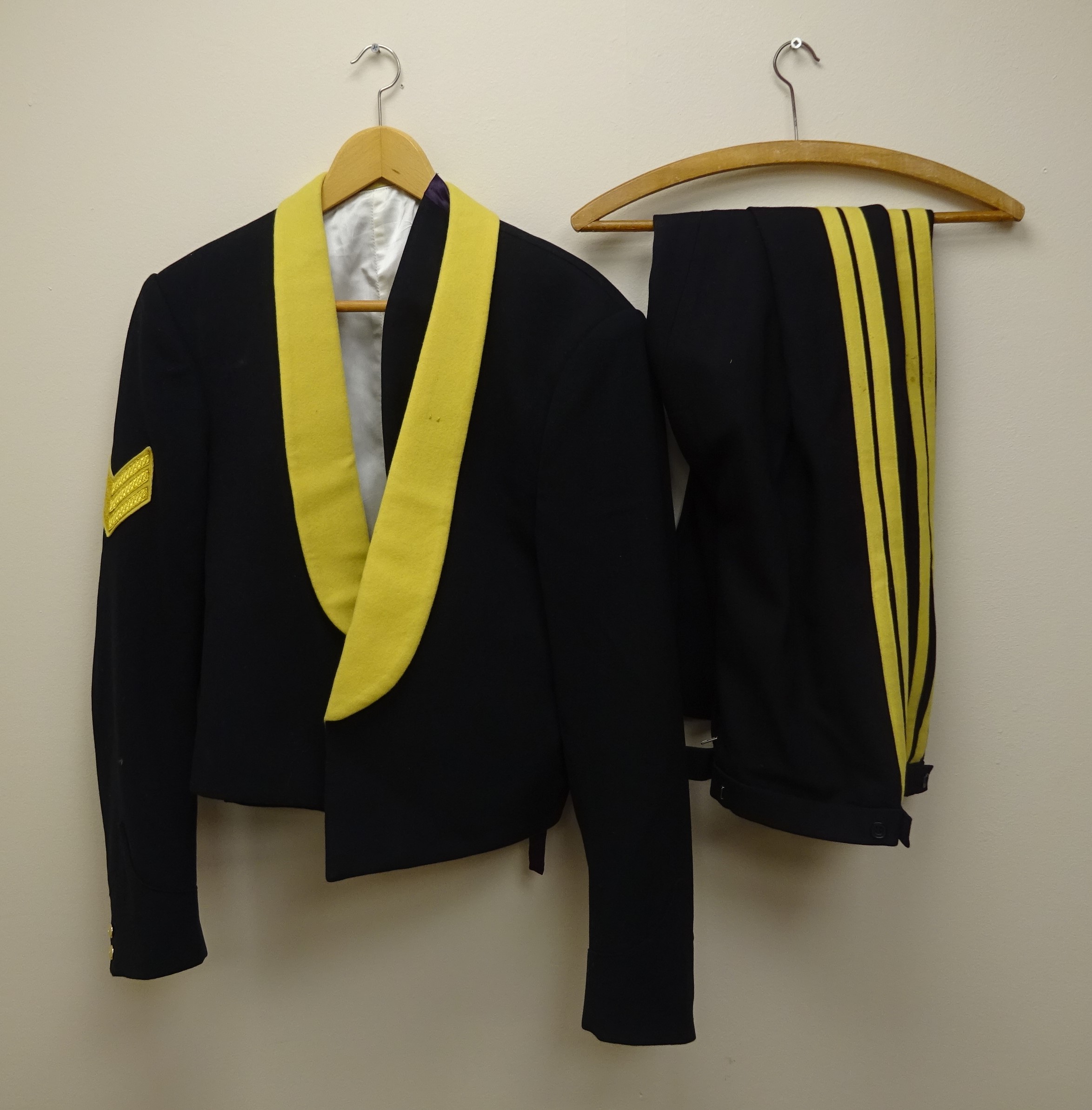 Royal Army Pay Corps mess uniform, black with yellow collar and stripes, by Michael Jay, Stowmarket,