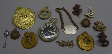 Military pocket watch, case stamped A.M 6E/50 16566/41, dog tag for A.Enstone 3530 C.E, 1/4 OXF.
