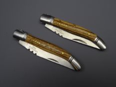 Two new JKR Inox pocket knives, 9cm blades with wooden slab handles,