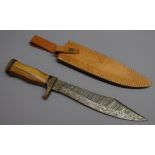 Bowie knife, 24.5cm Damascus decorated saw back blade with shaped wooden handle, L37.