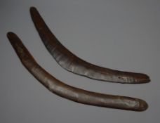 19th century Australian Aboriginal boomerang, with old carving marks L59cm, and another similar,