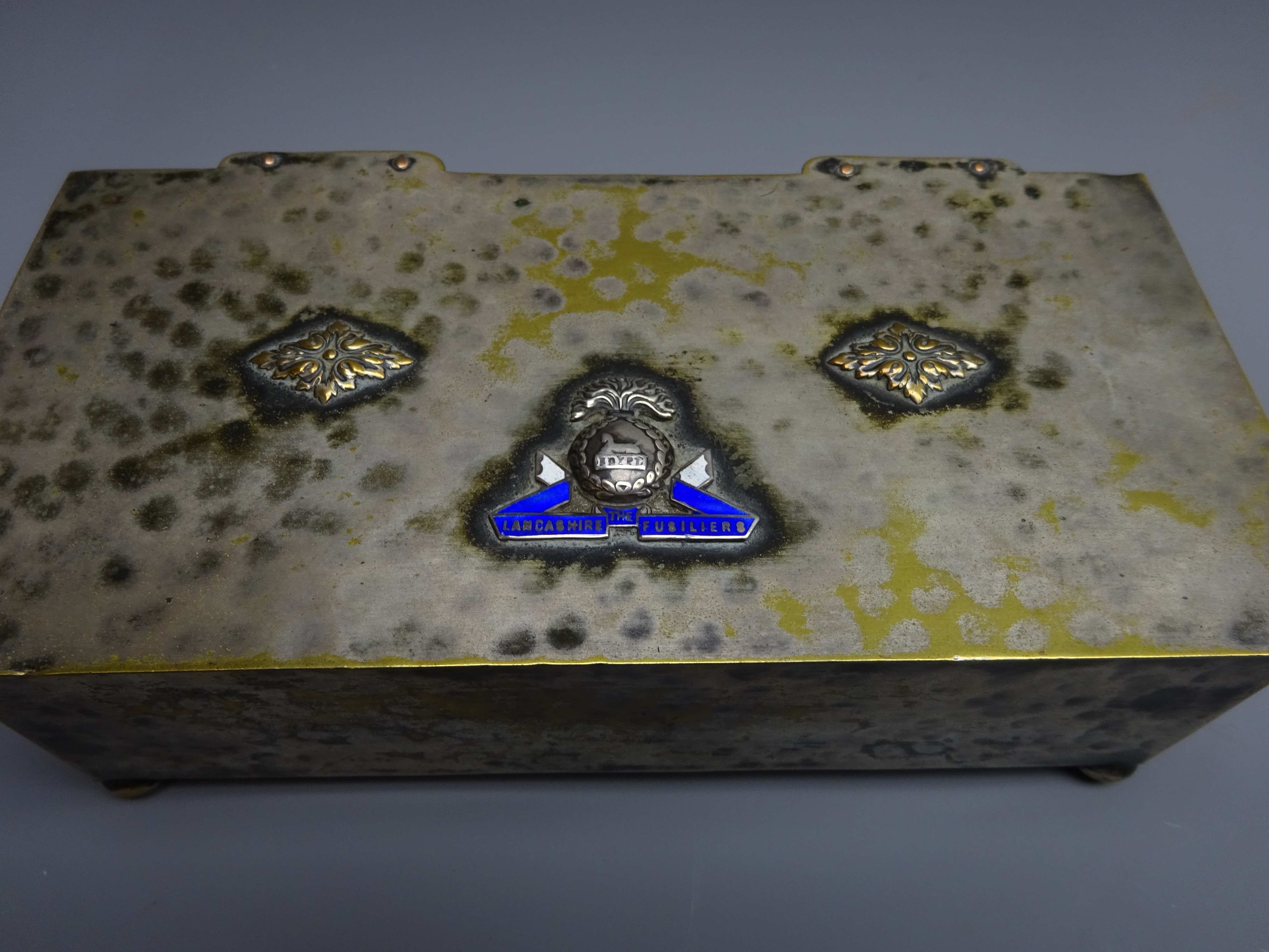 Lancashire Fusiliers table cigarette box, hammered silvered body with wood lined interior, - Image 2 of 7