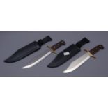 Two large Bowie type knives, 25cm blades with brass guards and wooden slab handles, L38cm,