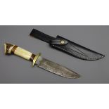 Hunting knife, 19cm Damascus decorated single edge steel blade with brass cross,