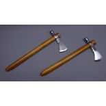 Two Tomahawk Peace pipes, chromed head with hollow wooden shaft,