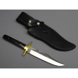 Small I.XL Bowie knife, 15cm stamped blade with top hat guard and horn slab handle, L26.