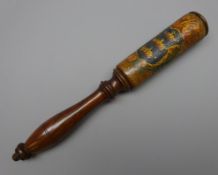 Victorian turned mahogany tipstaff painted with the Victorian cypher and three crowns crest for