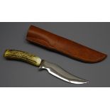 Hunting knife, 14cm curved blade indistinctly stamped, with stag horn handle,