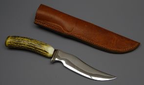Hunting knife, 14cm curved blade indistinctly stamped, with stag horn handle,