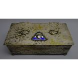 Lancashire Fusiliers table cigarette box, hammered silvered body with wood lined interior,