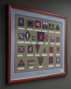 Framed display of twenty-four Army cloth badges including various signal regiments, squadrons,