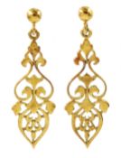Pair of Middle Eastern 18ct gold filigree pendant earrings,