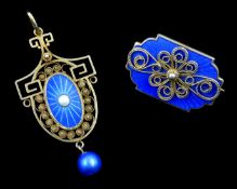 Norwegian silver blue enamel and pearl pendant by Marius Hammer,