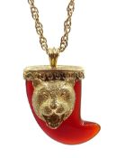 Red agate 9ct gold tiger mask pendant necklace hallmarked 9ct, pendant 11gm,