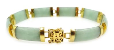 Chinese 18ct gold and jade link bracelet, with character mark clasp,