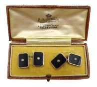 Pair of 9ct white gold diamond set onyx cuff links boxed (unmarked) Condition Report