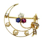 Edwardian gold sapphire, ruby, diamond and pearl crescent brooch,