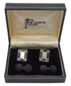 Pair of Mackintosh collection silver cuff-links stamped 925 and a further black pair
