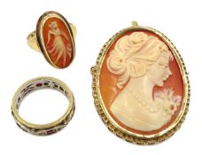 9ct gold cameo brooch and ring both hallmarked and a ruby ring hallmarked 9ct Condition