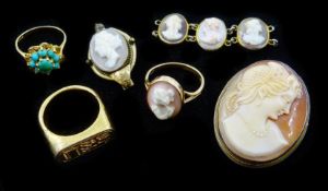 Gold turquoise cluster ring, gold cameo ring, both hallmarked 9ct, cameo brooch,