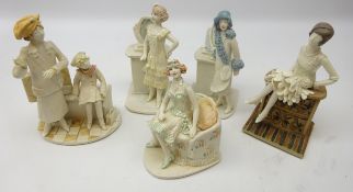 Five porcelain and stoneware Art Deco style women, three wearing lustre finish flapper dressed,