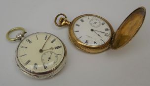 Late Victorian Waltham gold plated keyless wind full hunter pocket watch, white enamel dial,
