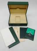 Rolex green leather wristwatch box, suede interior with note pad, leather card wallet,