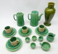 Brannam of Barnstaple green glazed stoneware coffee set for four and Linthorpe style vase,