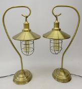 Pair lantern style brushed brass table lamps,