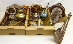 Victorian snuff boxes, Carlton Ware tobacco jar, brass table gong, 19th century carved panel,