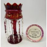 Early 20th century ruby glass lustre with gilt and enamelled floral decoration,