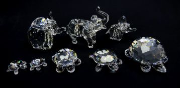 Three Swarovski Crystal Elephants, two Turtles and set of two small Turtles,