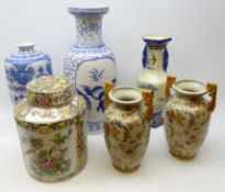 Large Canton cylindrical jar and cover, two Chinese blue and white vases,