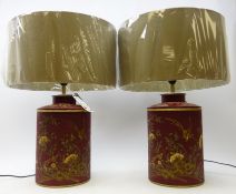 Pair of Chinoiserie decorated canister style table lamps with beige shades,