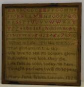 George IV sampler worked with the alphabet and religious verse by Mary Jane Smith, Lincoln, 1828,