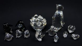 Nine Swarovski Crystal figures: Sir & Madame Penguin, large Penguin, small Penguin, Birds on Bath,