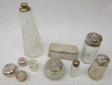 Collection of Edwardian silver topped dressing table jars, silver pill box,